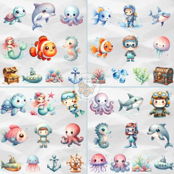 Kit Digital Fundo do Mar 18 - Undersea Aquarela (ddm)