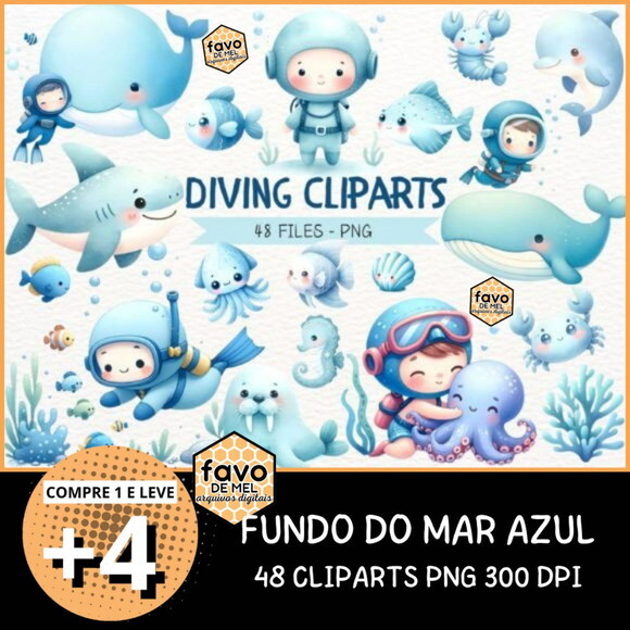 Kit Digital Fundo do Mar 26 Azul Menino Aquarela (nca)