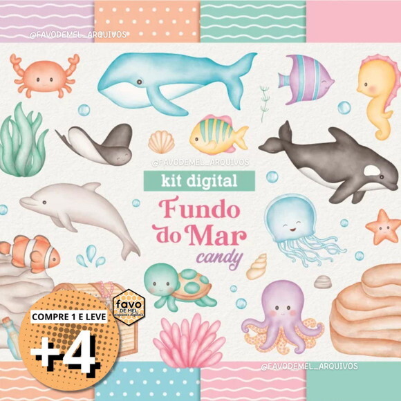 Kit Digital Fundo do Mar 28 Rosa Candy Aquarela (edb)