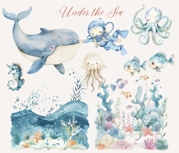 Kit Digital Fundo do Mar 29 Azul Menino Aquarela (ccs)