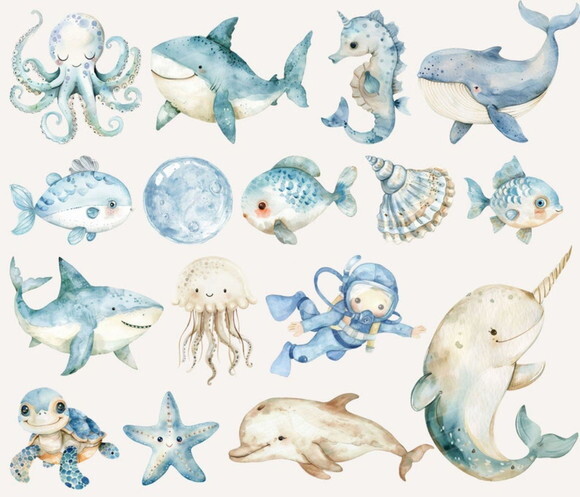 Kit Digital Fundo do Mar 29 Azul Menino Aquarela (ccs)