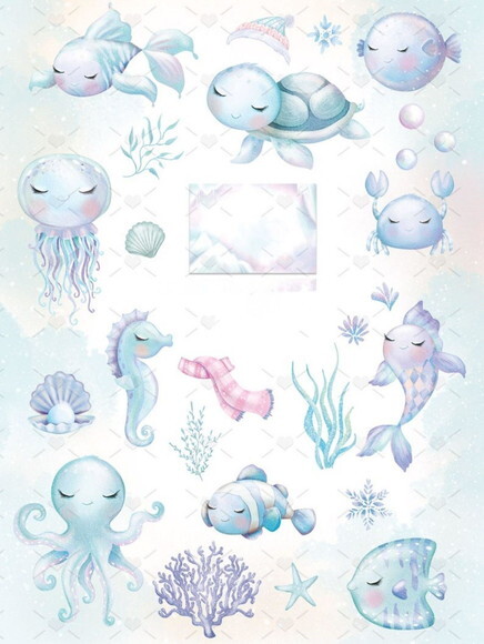 Kit Digital Fundo do Mar Aquarela - Combo Ilustrações 02