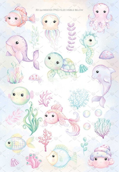 Kit Digital Fundo do Mar Aquarela - Combo Ilustrações 02