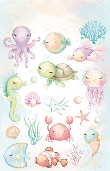 Kit Digital Fundo do Mar Aquarela - Combo Ilustrações 92 Png