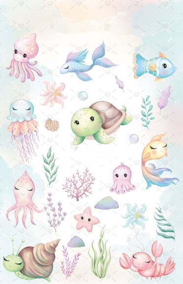 Kit Digital Fundo do Mar Aquarela - Combo Ilustrações 92 Png