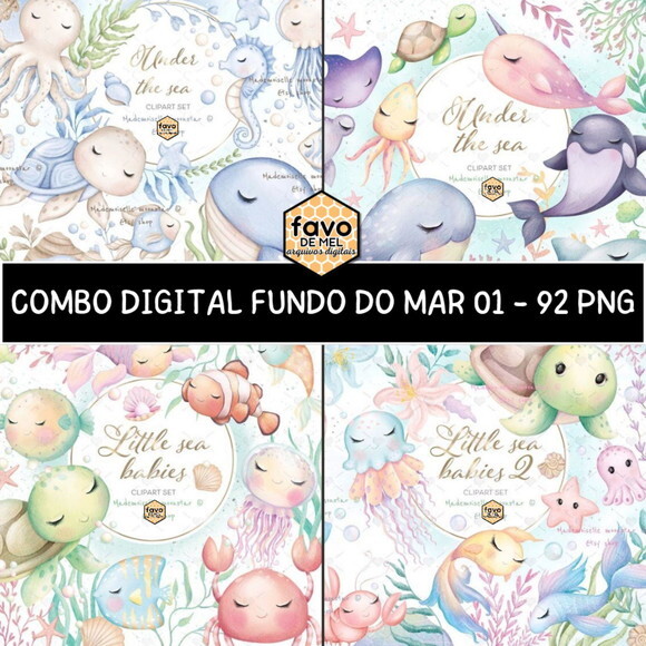 Kit Digital Fundo do Mar Aquarela - Combo Ilustrações 92 Png