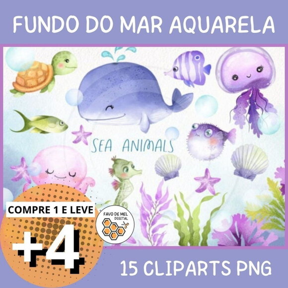 Kit Digital Fundo do Mar Aquarela - Sea Animals #10