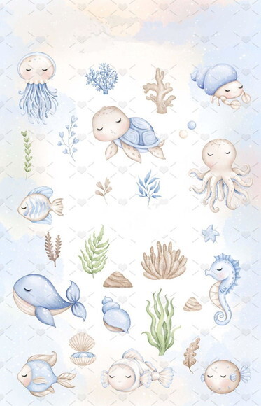 Kit Digital Fundo do Mar Aquarela - Combo Ilustrações 92 Png