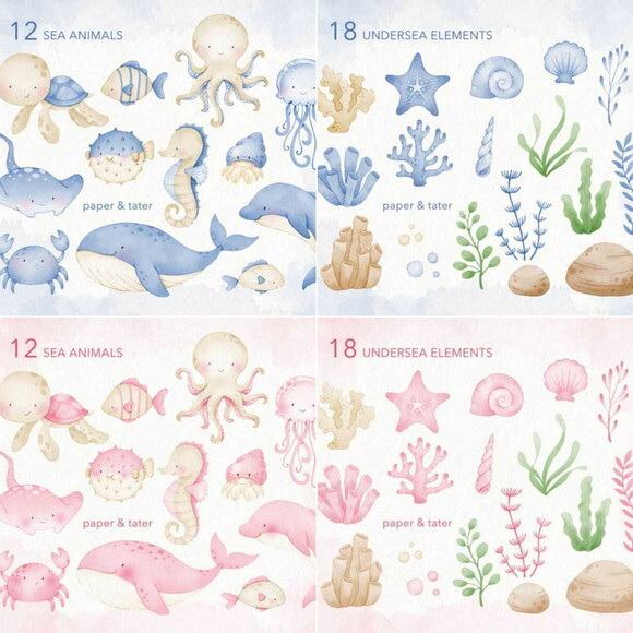 Kit Digital Fundo do Mar Aquarela #4 - Combo Ilustrações Png