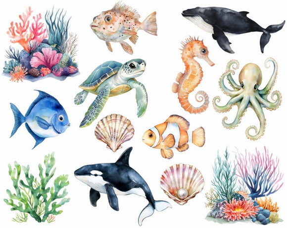 Kit Digital Fundo do Mar Aquarela Premium #32
