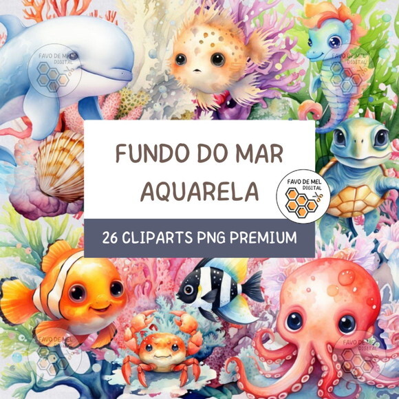 Kit Digital Fundo do Mar Aquarela 16 - Sea Creatures (hc)