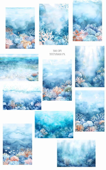 Kit Digital Fundo do Mar Aquarela Premium #32