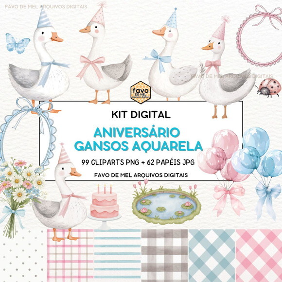 Kit Digital Ganso Aniversário Azul e Rosa Aquarela Png #4