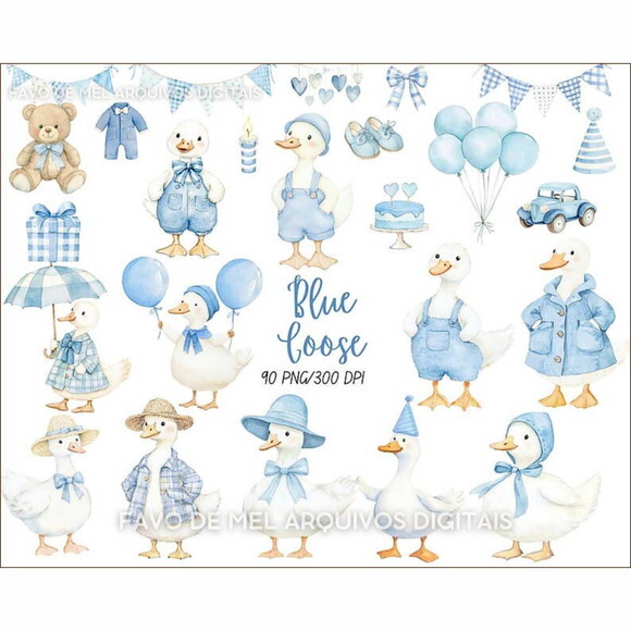Kit Digital Ganso Azul Aquarela Png Premium #24