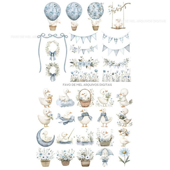 Kit Digital Ganso Fofinho Azul Aquarela Png Premium #6