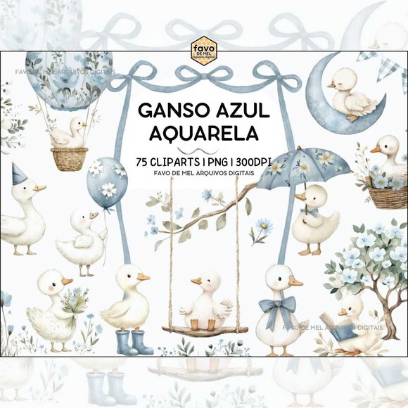 Kit Digital Ganso Fofinho Azul Aquarela Png Premium #6