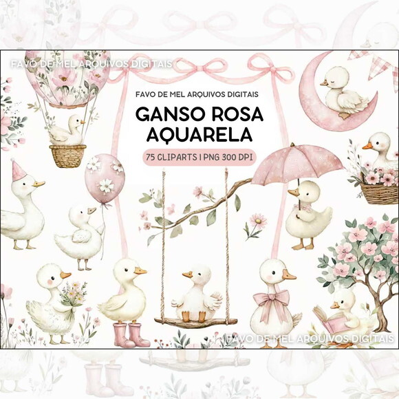 Kit Digital Ganso Rosa Aquarela #16 Png Premium