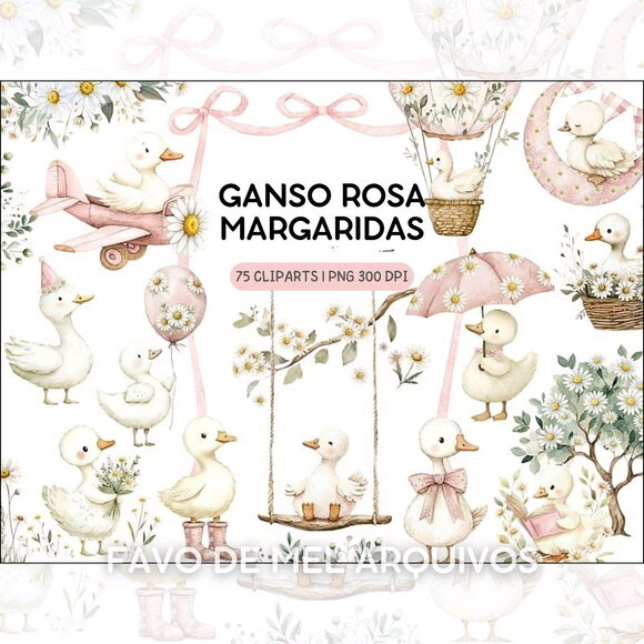 Kit Digital Ganso Rosa Aquarela Margaridas Png