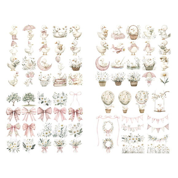 Kit Digital Ganso Rosa Aquarela Margaridas Png