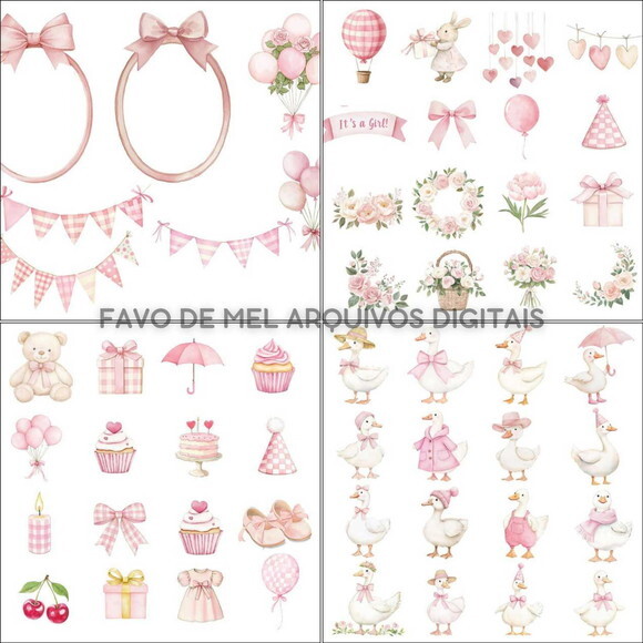 Kit Digital Ganso Rosa Aquarela #22 Png Premium