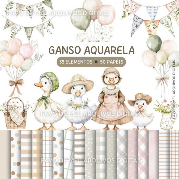 Kit Digital Gansos e Patinhos Aquarela #10 Png Premium
