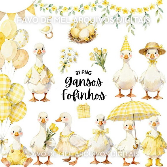 Kit Digital Gansos Fofinhos Amarelo Aquarela