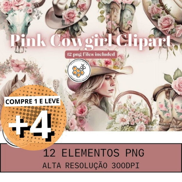 Kit Digital Garota Country Aquarela - Pink Cowgirl Clipart