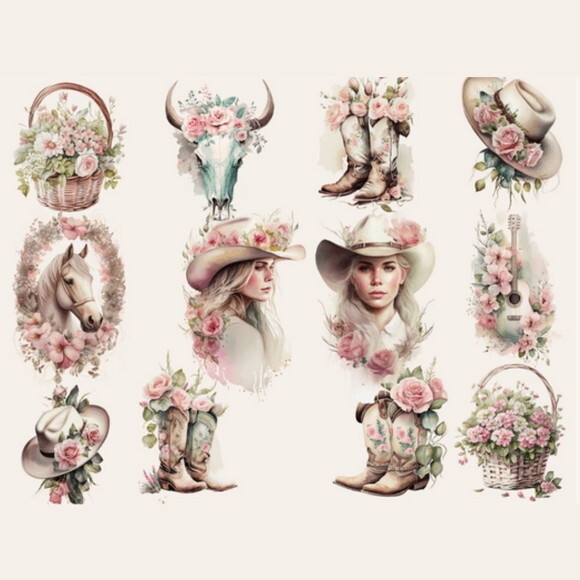 Kit Digital Garota Country Aquarela - Pink Cowgirl Clipart