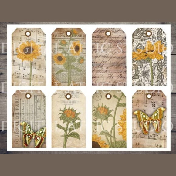 Kit Digital Girassol - Vintage Sunflower - Tags Digitais
