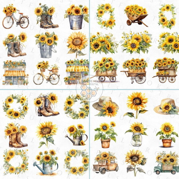 Kit Digital Girassol Aquarela - Sunflowers (artfs)