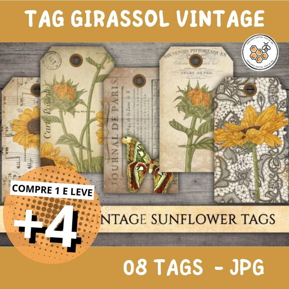 Kit Digital Girassol - Vintage Sunflower - Tags Digitais