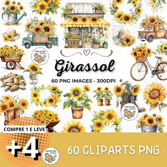 Kit Digital Girassol Aquarela - Sunflowers (artfs)