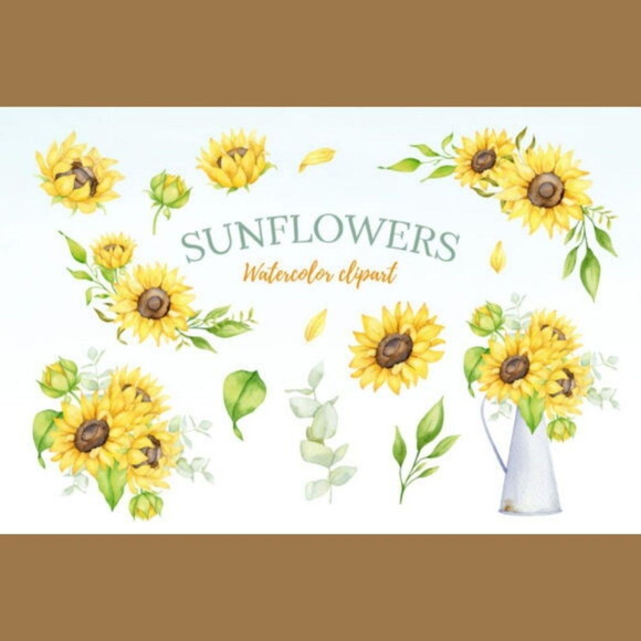 Kit Digital Girassol Aquarela - Sunflowers Watercolor