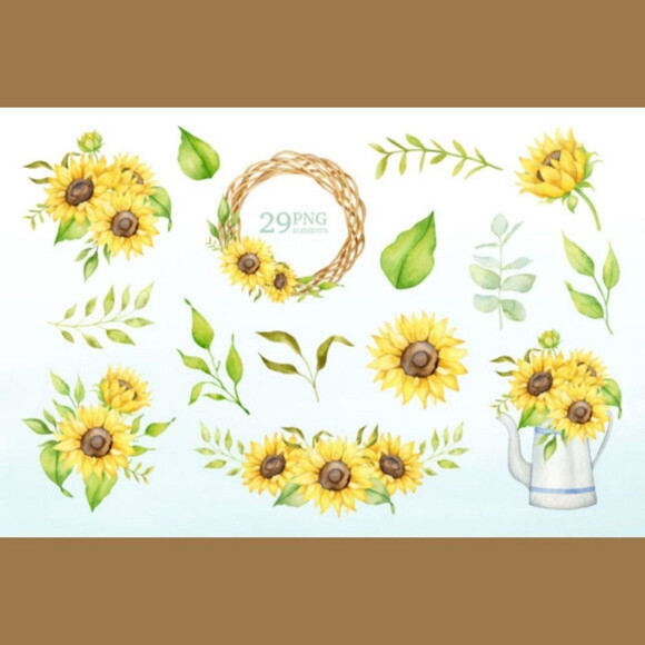 Kit Digital Girassol Aquarela - Sunflowers Watercolor