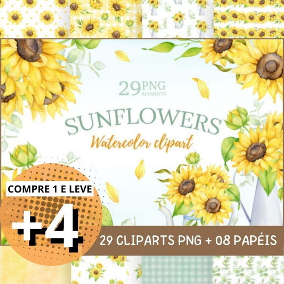 Kit Digital Girassol Aquarela - Sunflowers Watercolor