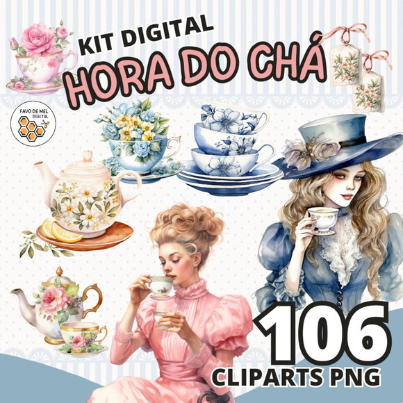 Kit Digital Hora do Chá Vintage Aquarela - Combo 12 Kits