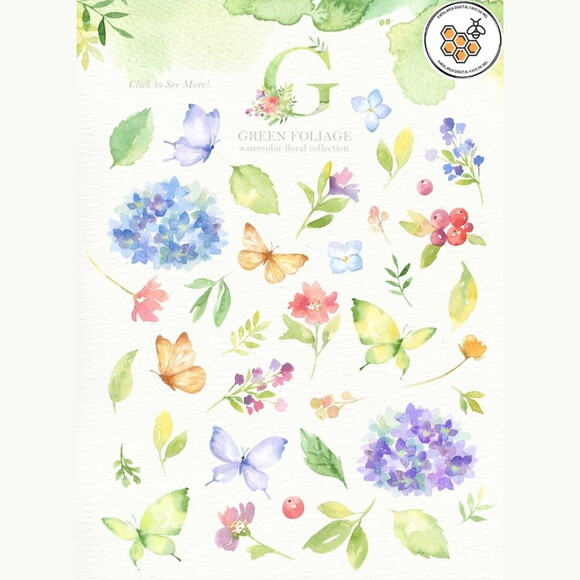 Kit Digital Jardim Aquarela - Green Foliage