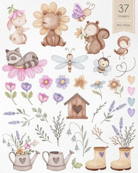 Kit Digital Jardim Aquarela | Primavera | Animais e Flores