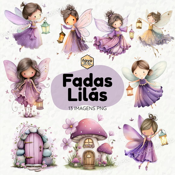 Kit Digital Jardim das Fadas #15 Fadinhas Lilás Aquarela Png