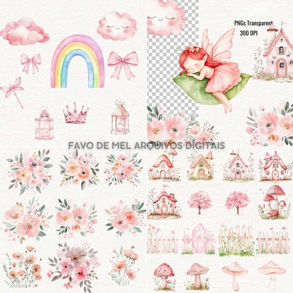 Kit Digital Jardim das Fadas Aquarela #02 Png Premium
