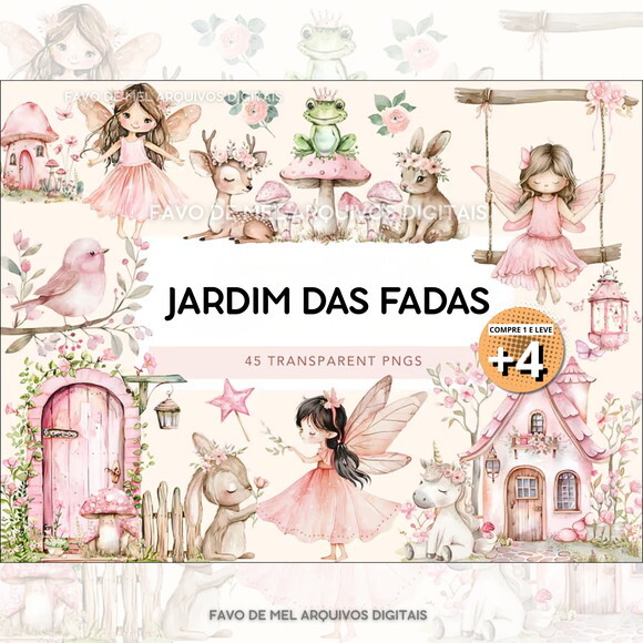 Kit Digital Jardim das Fadas Aquarela #10 Png Fadinhas