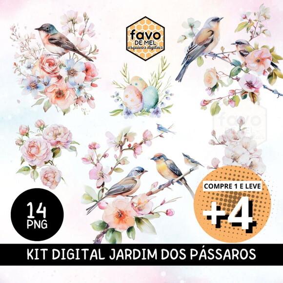 Kit Digital Jardim dos Pássaros Aquarela - Spring In Bloom