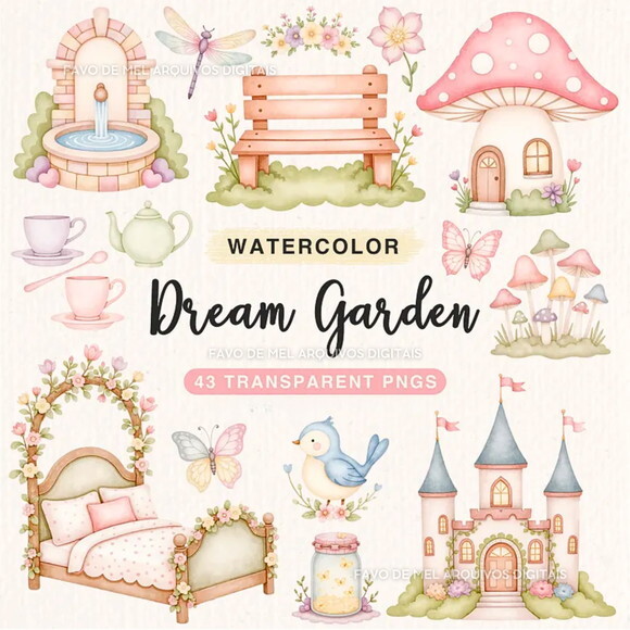 Kit Digital Jardim Encantado Aquarela #1 Png Premium