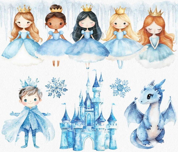 Kit Digital Jardim Encantado Azul Aquarela com Princesas Png