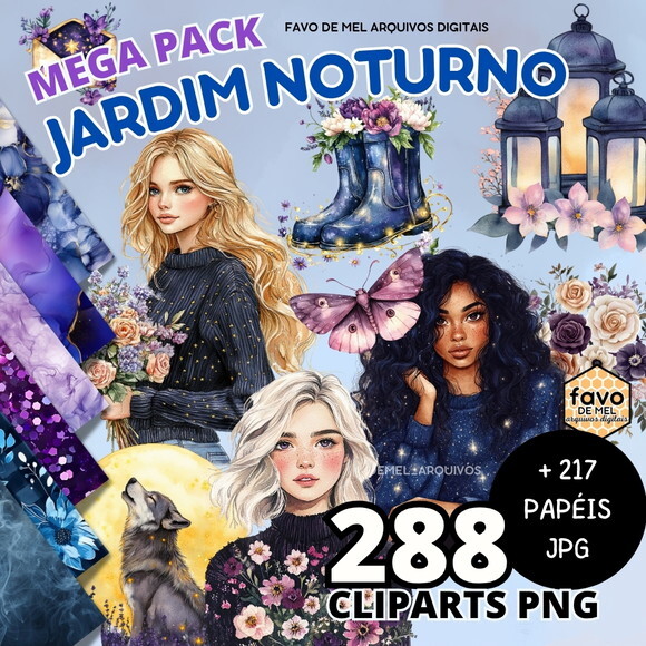 Kit Digital Jardim Noturno Scrapbook Aquarela Png