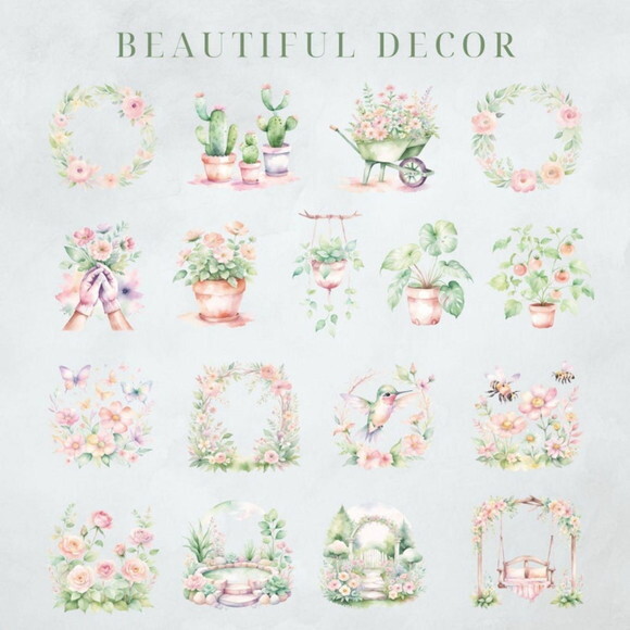 Kit Digital Jardim Pastel Aquarela - Garden Life (msp)