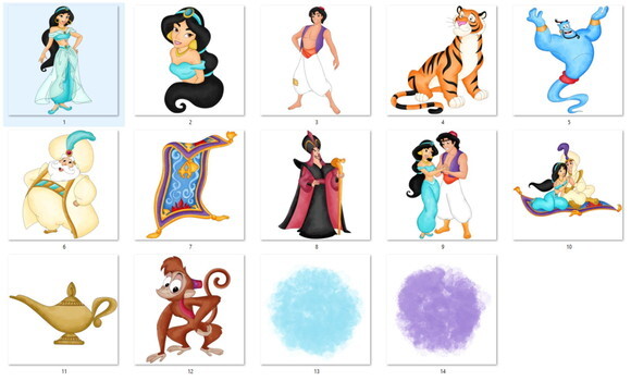Kit Digital Jasmine e Aladdin Aquarela Png Premium