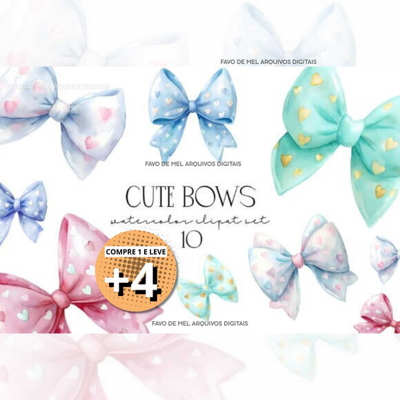 Kit Digital Laços Candy Color Aquarela - Lacinhos Tom Pastel