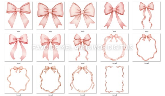 Kit Digital Laços e Molduras Rosa Aquarela Png Premium