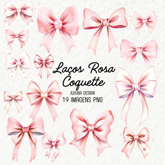 Kit Digital Laços Rosa Aquarela - Lacinhos Coquette Png